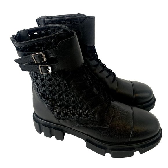Free People Boots Asher Ankle Black Leather Weaved Side Combat Moto 38 / 7.5 NEW - Picture 2 of 9